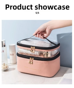Close-up of double-layer pink travel toiletry bag with transparent window and handle