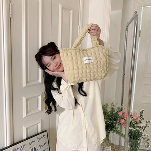 Minimalist popcorn texture canvas tote bag in cream yellow with LOVE SOZAKKA patch