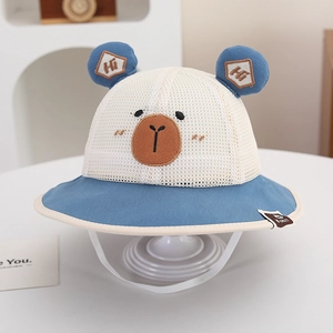 Breathable blue and white bear bucket hat for toddlers with cute ears and chin strap
