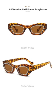 Detail of tortoise frame sunglasses with double-row rhinestones and tea-colored lenses