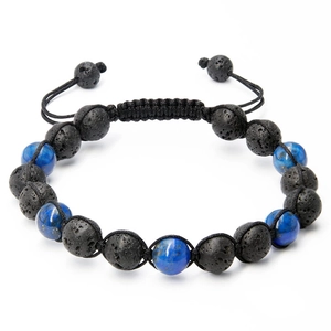 Detail of adjustable woven rope bracelet with 8mm natural lava rock and lapis lazuli beads