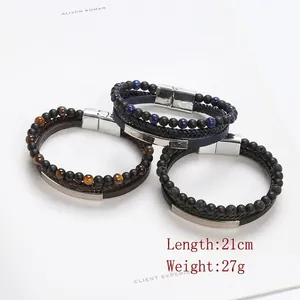 Men's leather braided bracelet with tiger eye stones and magnetic stainless steel clasp