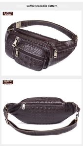 Detail view of coffee crocodile pattern leather fanny pack showing front and back views