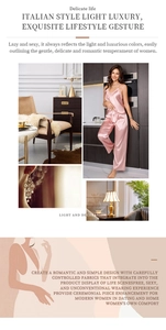 Detail of champagne pink satin sleepwear set with lace V-neck and flowing wide-leg pants