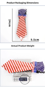 Detail showing American flag necktie dimensions of 24x9.5cm and product weight of 14.1g