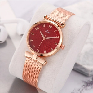 Orologio da donna in oro rosa con quadrante rosso testurizzato e dettaglio a fiocco