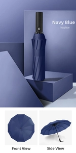 Navy blue automatic folding umbrella with 12 ribs, top and side view of large sun umbrella