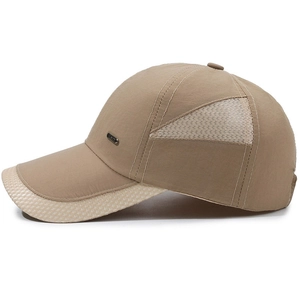 Men's khaki mesh baseball cap with breathable side panels and adjustable outdoor sun shade