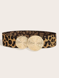 Detail of leopard print elastic belt with textured gold circular buckles for dresses