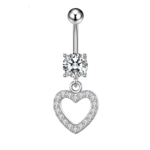 Close-up of silver navel ring with hollow heart pendant and clear zircon inlaying