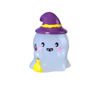 Luminous Halloween ghost figurine with purple wizard hat and broom for garden decor