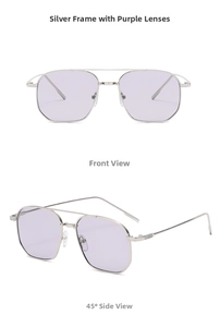 Close-up of retro double-bridge sunglasses with silver metal frame and purple lenses