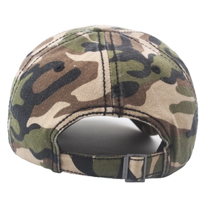 Detail view of cotton camo baseball cap showing adjustable metal buckle and stitching