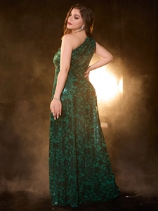 Elegant emerald green sequin one-shoulder evening gown with a slim fit long skirt design