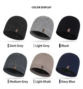 Selection of knitted winter beanies in six colors with warm fleece lining and logo patch