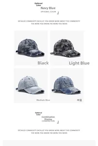 Detailansicht von Distressed-Denim-Baseballkappen in vier Vintage-Waschungen