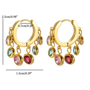 Detail showing dimensions of gold hoops with colorful gemstone charms in 2.5cm height