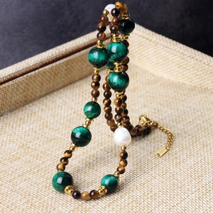 Maillard tiger eye and green agate beaded necklace with white baroque pearl detail
