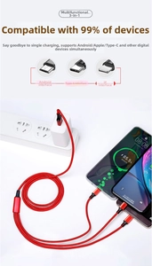 Macro detail of red nylon braided 3-in-1 cable with Lightning, Type-C, and Micro USB ports