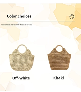 Detail view of woven straw tote bags in beige and khaki with circular ring handles