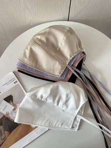Assorted satin vintage Lolita hats with elegant ribbons in multiple pastel colors