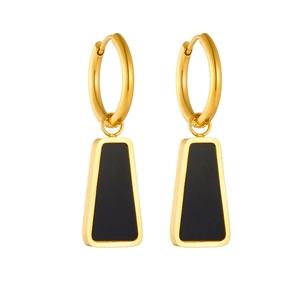 Minimalist gold-plated stainless steel hoop earrings with black trapezoid charms