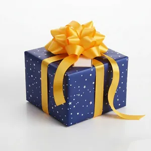 Glossy yellow 2cm satin ribbon tied on a star pattern gift box for elegant decoration
