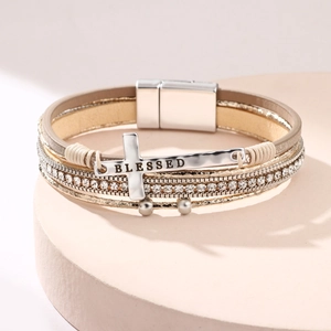 Bohemian multilayer leather bracelet with rhinestone cross and magnetic clasp closure