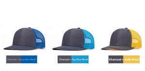 Three-color trucker hat collection with mesh back and charcoal grey fabric visor