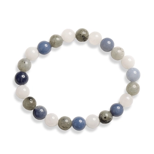 Détail des perles en pierre naturelle de 8mm en bleu et gris sur fond blanc pur