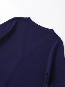 Detail of round neckline and back shoulder stitching on navy blue fine wool knit short sleeve
