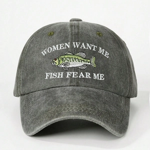 Detailed close-up of charcoal vintage washed baseball cap with fish embroidery
