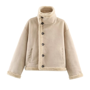 Beige reversible shearling jacket with faux suede finish and high collar on white background