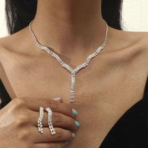 Rhinestone Jewelry Necklace And Earrings For Women Silver Tassel Bridal Wedding Elegant Sparkly Crystal Accessory