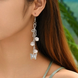Vintage silver long tassel earrings with lily of the valley and butterfly pendants