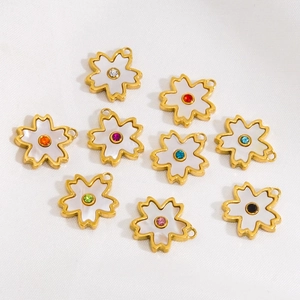 Polished 14k gold plated white shell flower pendants with colorful center gemstones