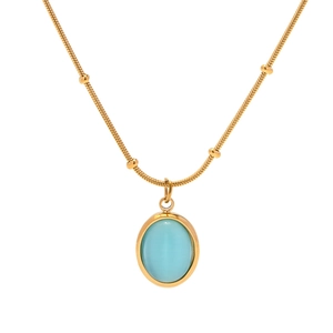 Minimalist 18k gold plated stainless steel necklace with blue cat eye stone pendant
