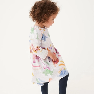 Robe Manches Longues Fille Bambin Coton Imprimé Dinosaure Coloré Décontracté Taille Haute Plissée Ligne A Automne Gris