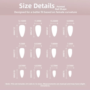 Detailed size chart for press on nails showing twelve specific dimensions in millimeters