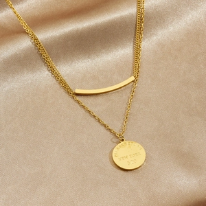 Double-layered gold plated stainless steel necklace with engraved round tag and bar pendant