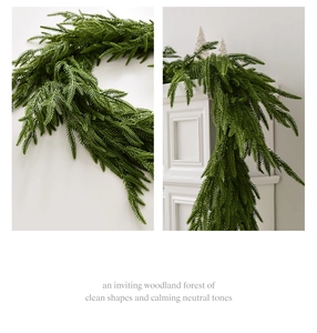 Macro shot and fireplace scene of realistic green Norfolk Pine Christmas garland