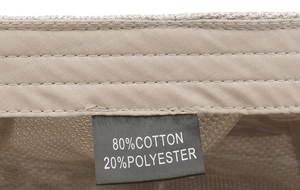Detail of material label showing 80% cotton blend and breathable mesh texture