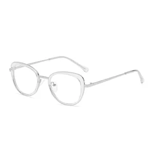 Retro cat-eye glasses with transparent frames and silver metal temples at 45-degree angle