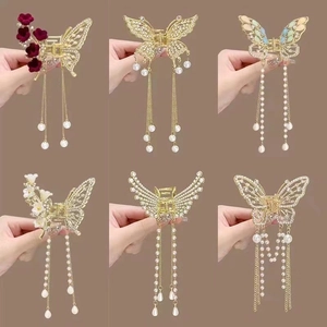 Elegant gold metal butterfly hair claws with long tassels and pearls in six styles