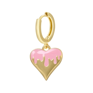 Pink dripping heart pendant earring with gold metal hoop on a clean white background