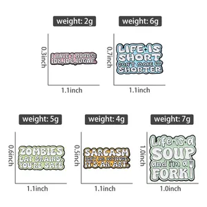 Size chart showing weight and dimensions for 5 different colorful enamel letter pins