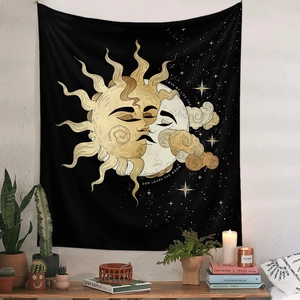 Detailed view of sun and moon tapestry hanging above wooden shelf with home decor items