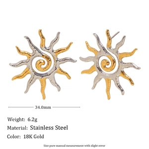 Two-tone stainless steel sunburst earrings plated in 18K gold with a geometric design