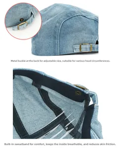 Detail view showing adjustable brass buckle and sweatband of light blue denim flat cap