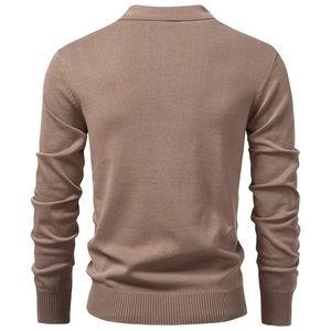 Rear view of brown knit sweater with ribbed cuffs and hem on 3D mannequin